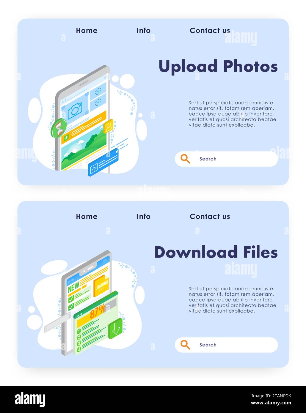 Upload photos vector website landing page template set Stock Vector ...