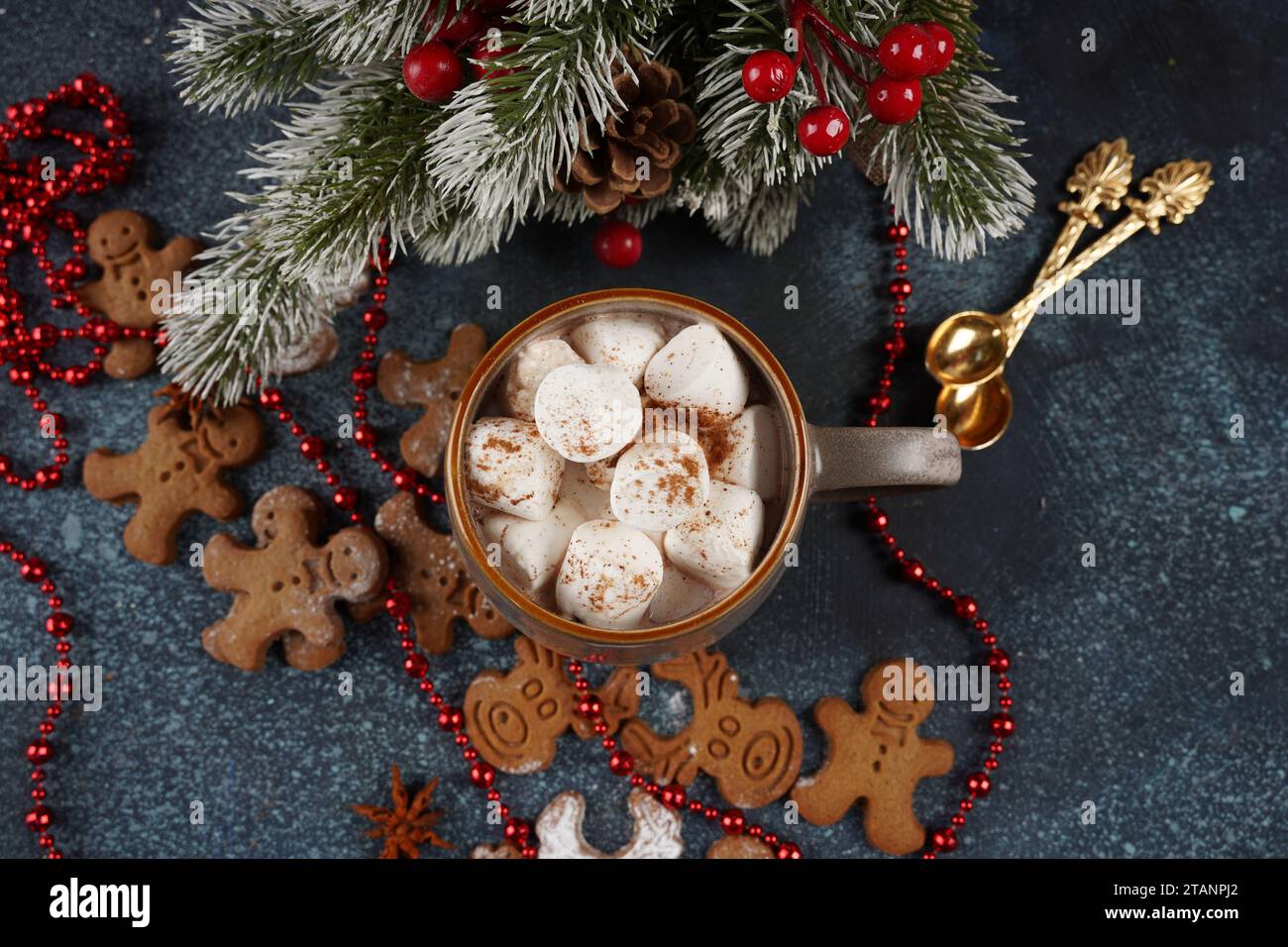 A cup of hot cocoa with white marshmallows in a  mug. Christmas and new year. Winter holidays. Stock Photo