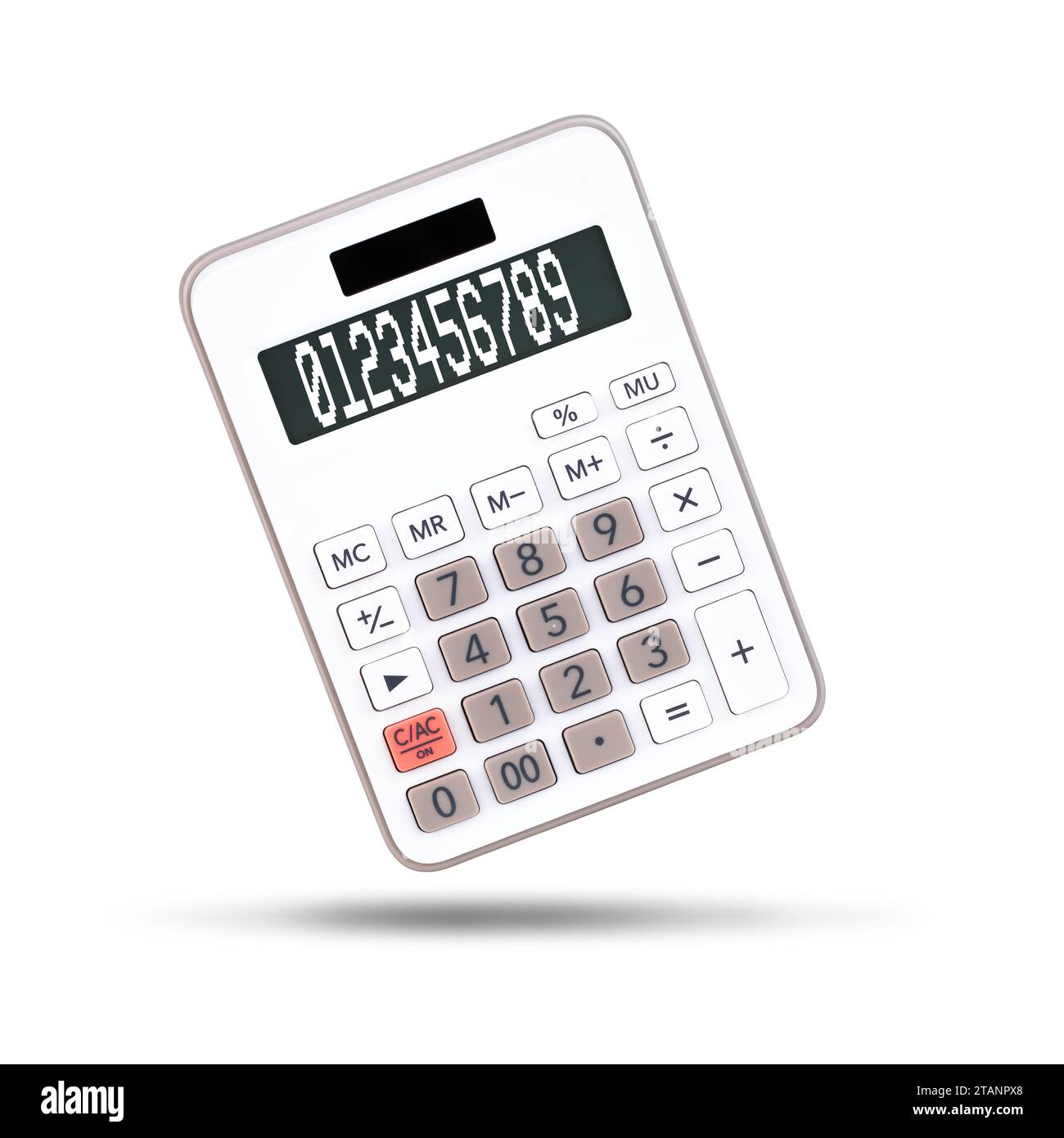 White calculator with numbers isolated on white background with no display Stock Photo