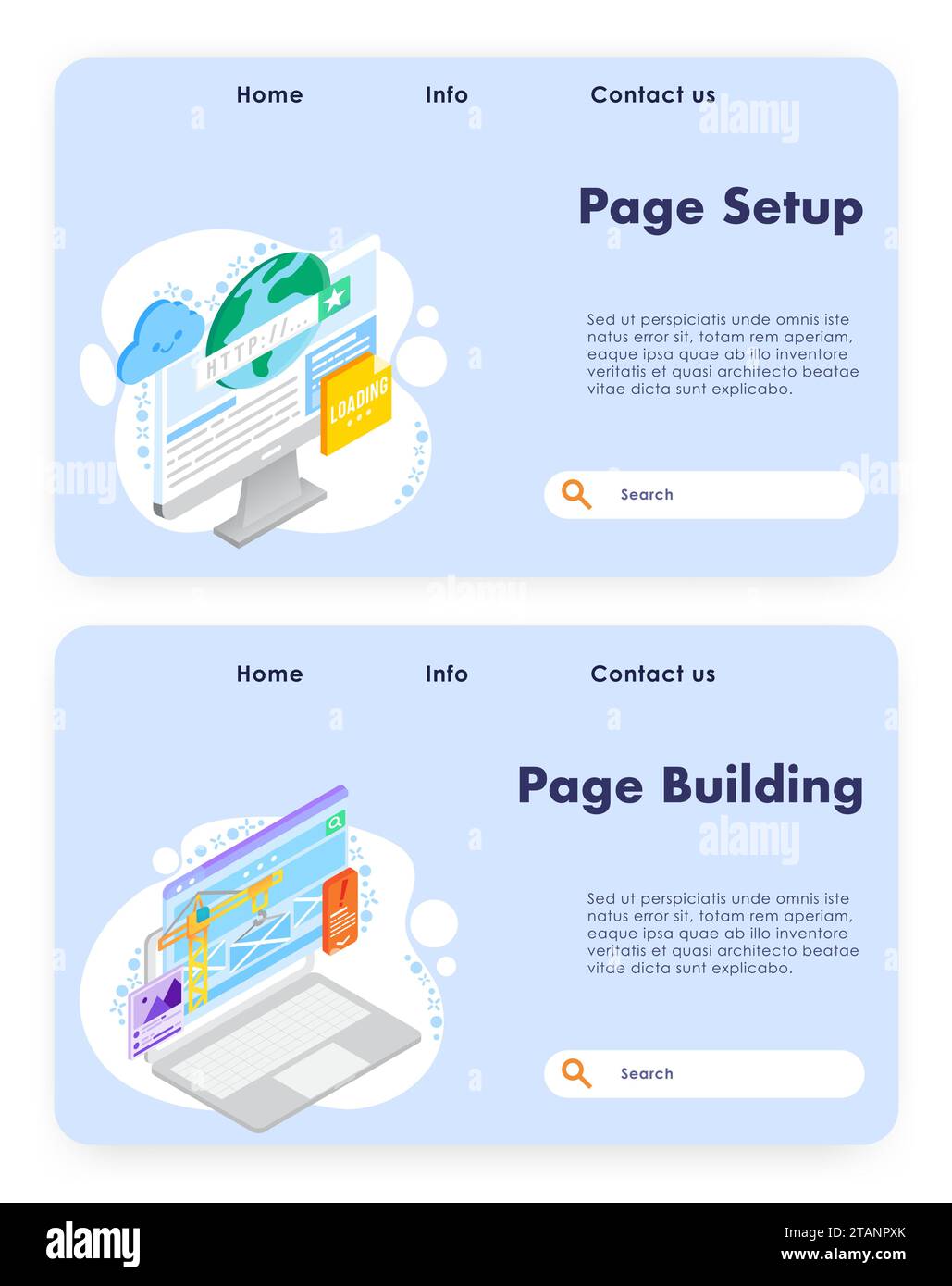 Web page development, vector website landing page template set Stock Vector