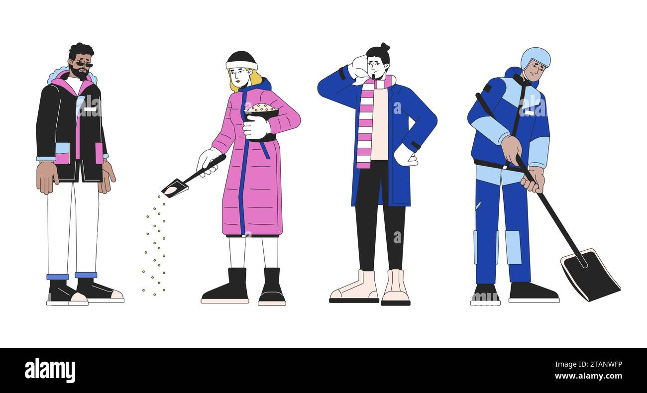 Winter hazards preventing 2D linear cartoon characters set Stock Vector