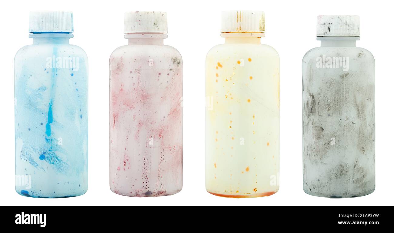 Set of empty plastic paint bottles isolated on white background