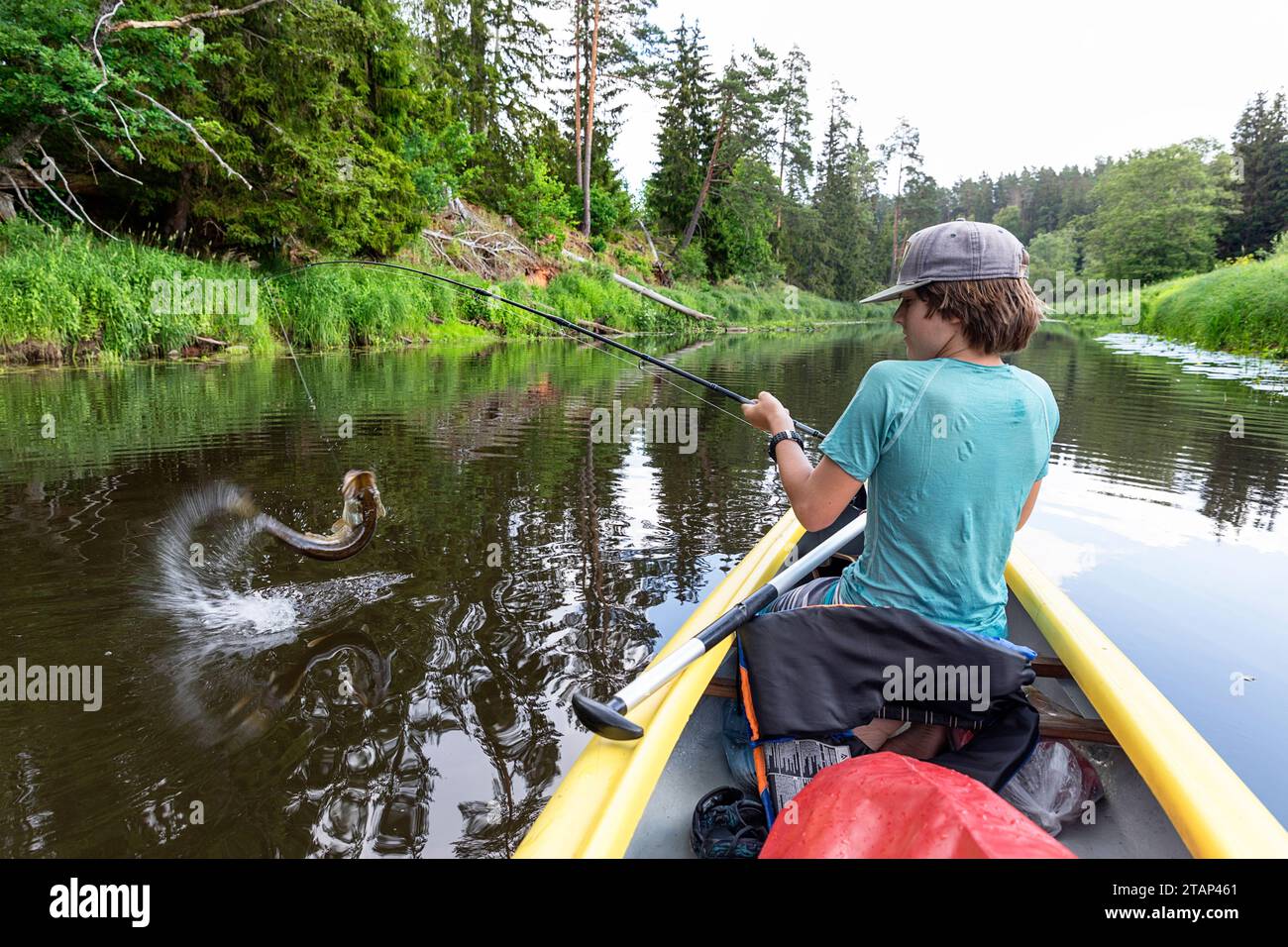 Tourist fishing and catching pike while on a canoe, boat trip on Salaca river, exploring nature, Devonian red sandstone cliffs, Mazsalaca, Latvia Stock Photo