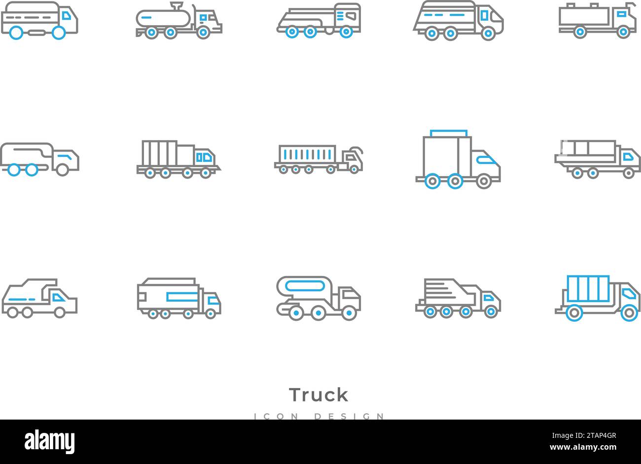 Truck Icon Set with Various Shapes in Line Style. Contains Tanker Truck, Van, Trailer and More Stock Vector