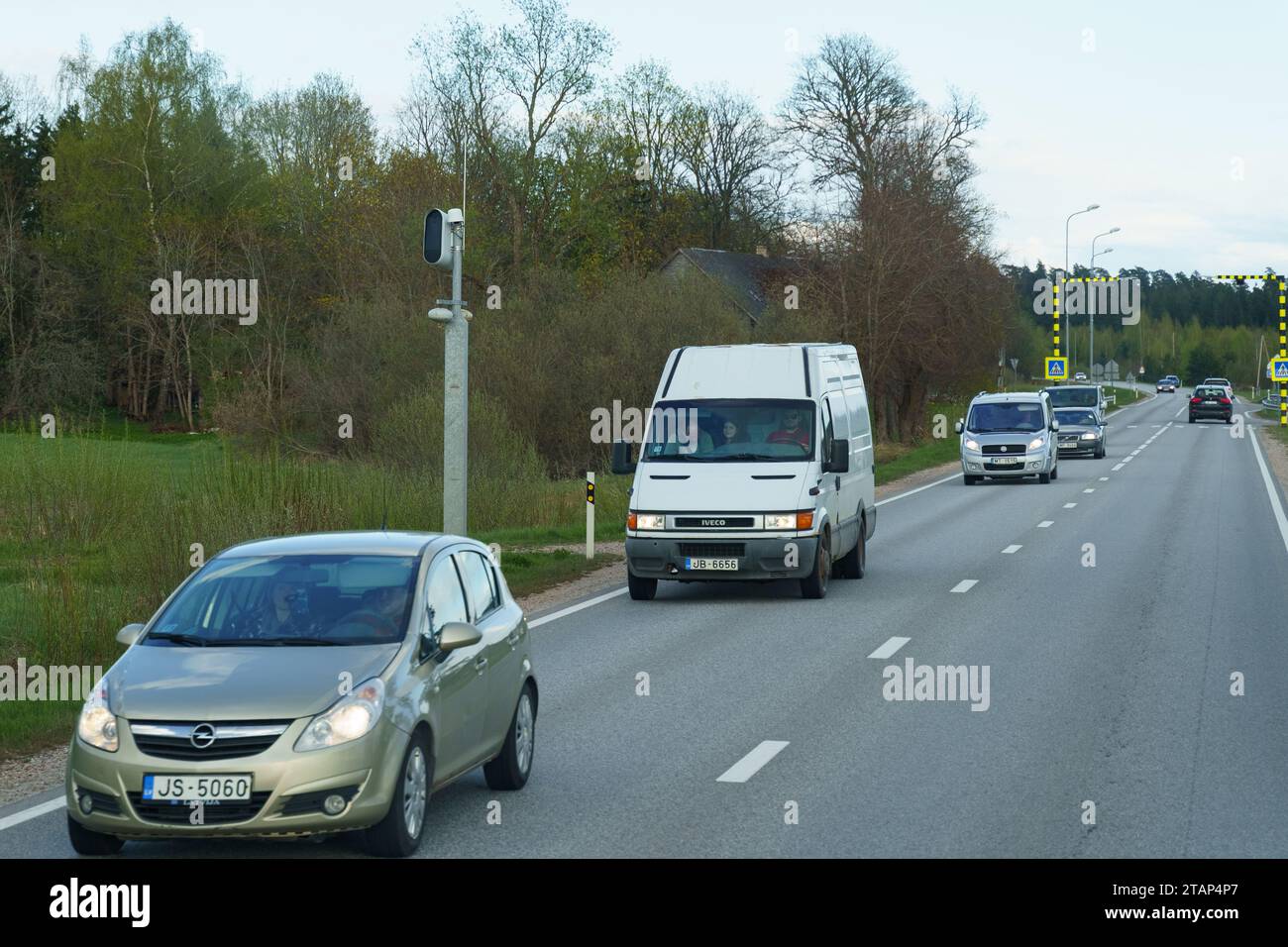 Saulgozi, Latvia - May 3, 2023: The road is equipped with radar to detect violations of the speed limit of cars on the road. Road safety. Stock Photo