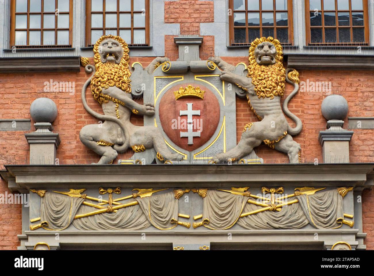 Coat of arms of Gdansk at portal at Great Arsenal in Gdansk, Pomorskie, Poland Stock Photo