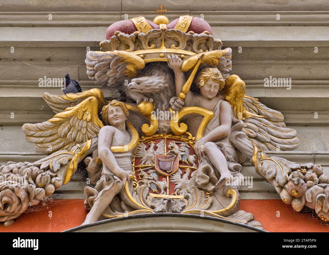Reliefs around coat of arms of Commonwealth of Poland and Lithuania at Royal Chapel of the Polish King  Jan III Sobieski in Gdańsk, Pomorskie, Poland Stock Photo
