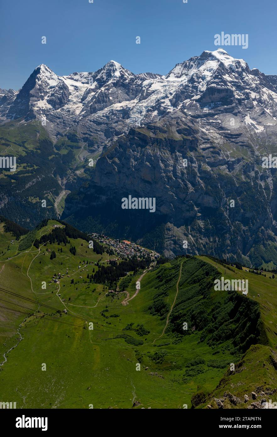 the mountains eiger monch and jungfrau above murren village in the ...