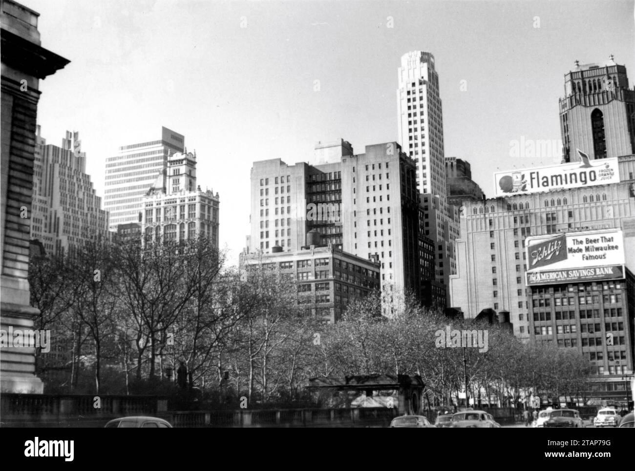 NEW YORK street scene with billboard for Schlitz Beer and Flamingo