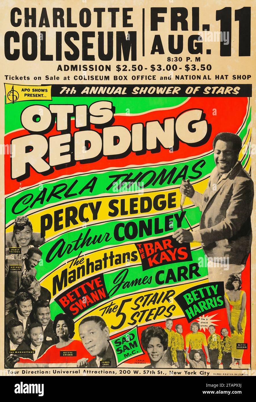 Otis Redding Charlotte Coliseum Concert Poster (APO Shows Present, August 11, 1967) Carla Thomas, Percy Sledge, Arthur Conley, The Manhattans, James Carr, 5 Stair Steps Stock Photo