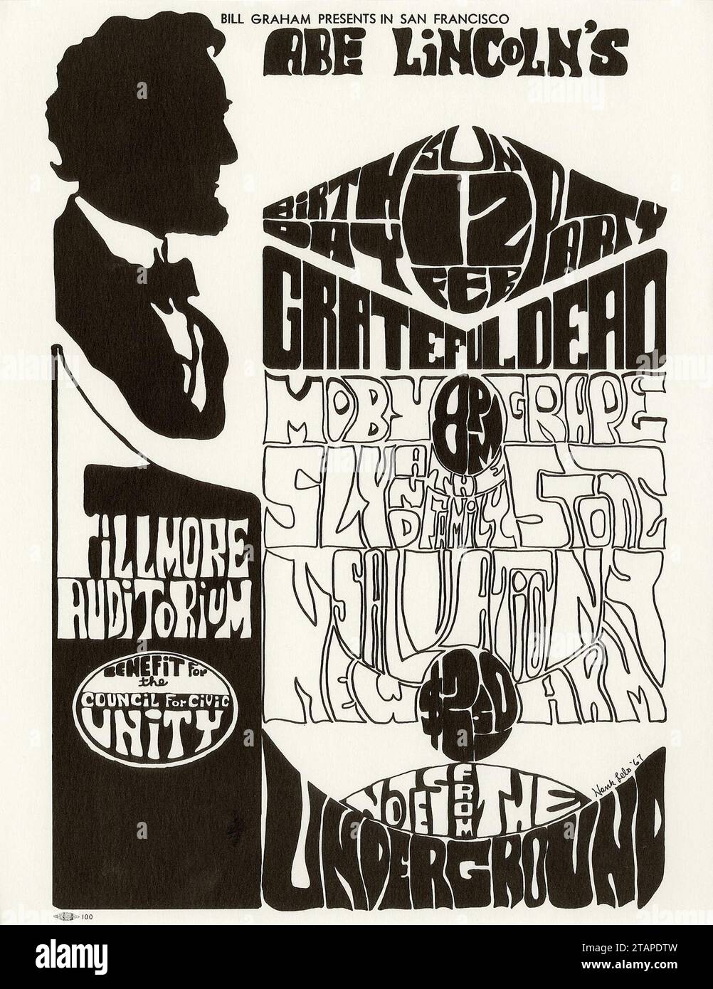 Bill Graham presents in San Francisco - Abe Lincoln's Birthday Party - Grateful Dead, Sly and The Family Stone, Salvation, New Army, Notes from the Underground - Fillmore Auditorium Concert Handbill 1967 Stock Photo