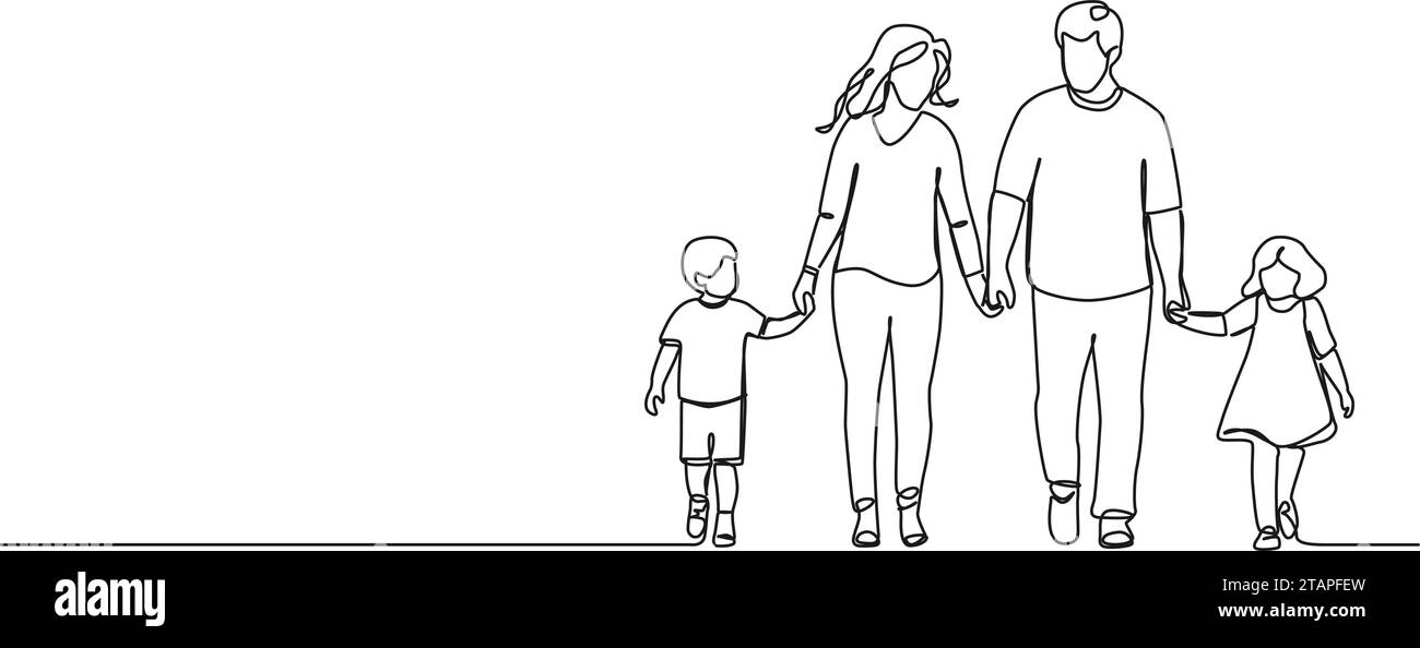 continuous single line drawing of mother and father with two children walking hand in hand, family line art vector illustration Stock Vector