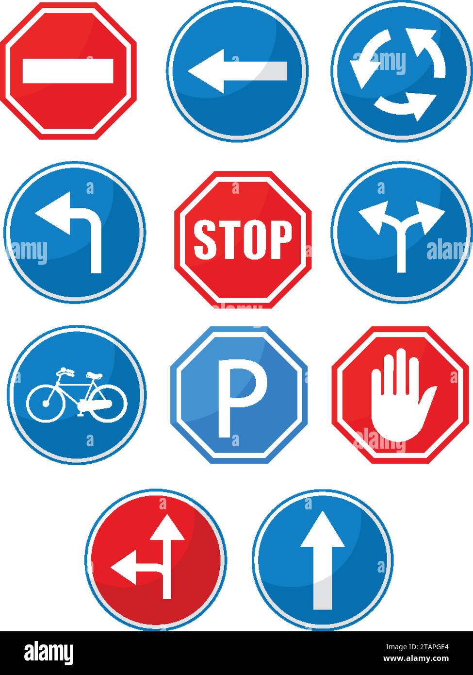 Traffic sign collection. red, blue, green and yellow warning, priority, prohibitory, mandatory... road sings set. vector art image illustration Stock Vector