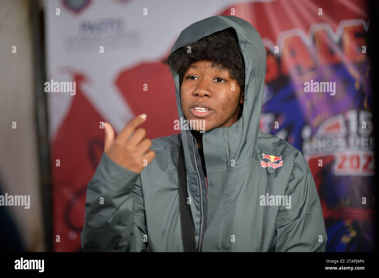 Pasto, Colombia. 26th Nov, 2023. Colombian freestyle artist Marithea performs and speaks during a press conference at the Galeras Rock Fest in Pasto, Narino, Colombia, November 26, 2023. Photo by: Camilo Erasso/Long Visual Press Credit: Long Visual Press/Alamy Live News Stock Photo