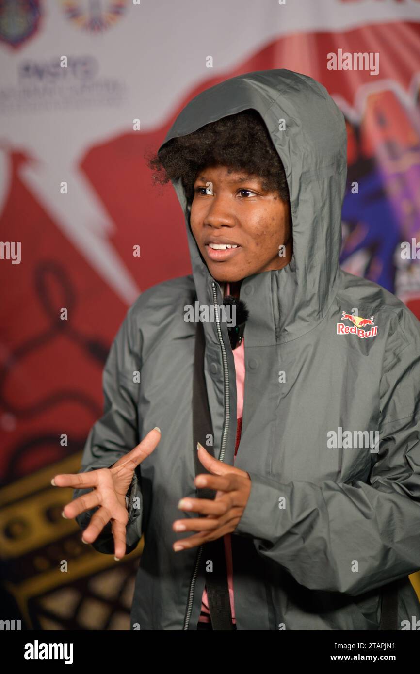 Pasto, Colombia. 26th Nov, 2023. Colombian freestyle artist Marithea performs and speaks during a press conference at the Galeras Rock Fest in Pasto, Narino, Colombia, November 26, 2023. Photo by: Camilo Erasso/Long Visual Press Credit: Long Visual Press/Alamy Live News Stock Photo