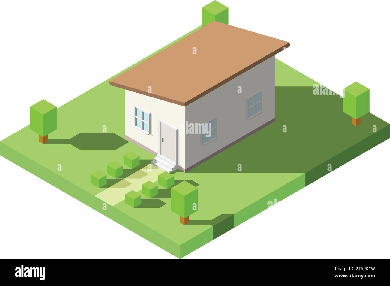 Vector Isometric of House with orange lean roof on the grass with garden for Icon, Infographic design. Stock Vector