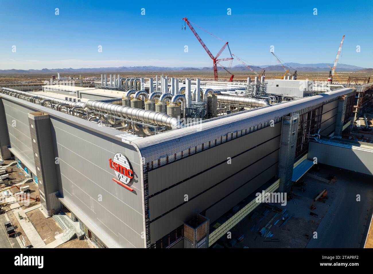 An aerial view of the Taiwan Semiconductors Mega Factory construction in North Phoenix, Arizona