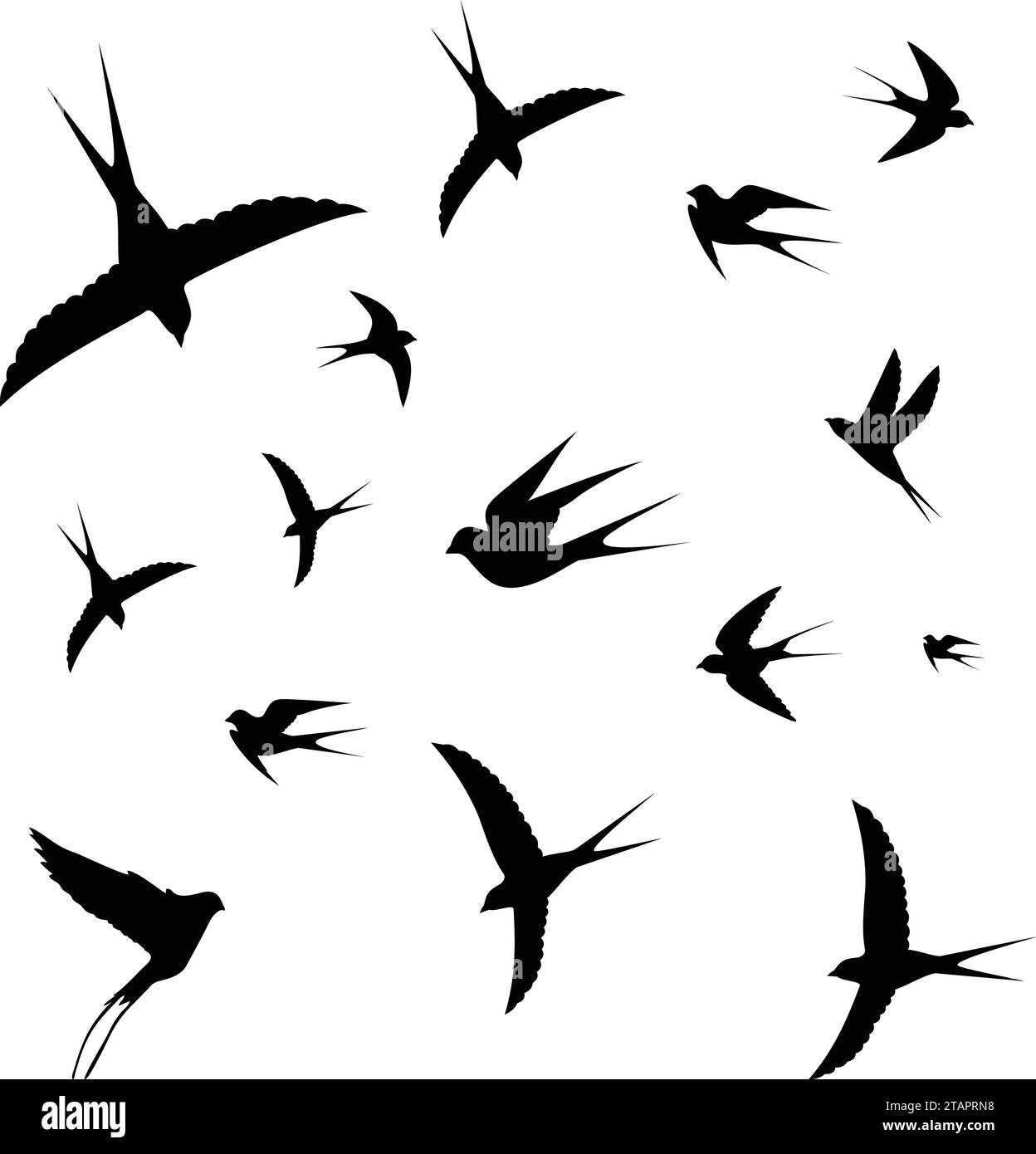 Flying birds silhouettes on white background. Vector illustration. isolated bird flying. tattoo design. Stock Vector