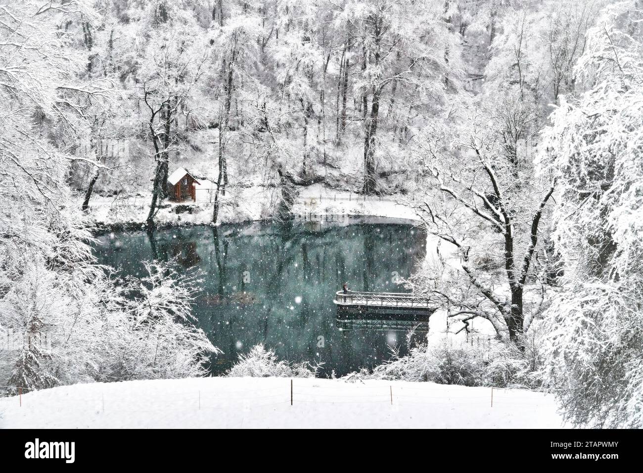 Hermitage, Arlesheim, Switzerland, Baselland, Baselbiet, pond, winter, snow, Birseck Stock Photo