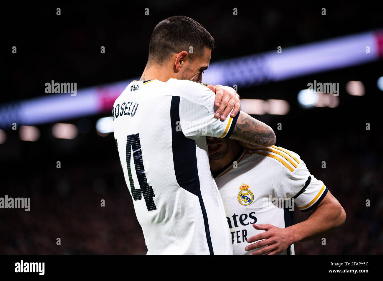 Madrid, Madrid, Spain. 2nd Dec, 2023. Brahim Diaz and Jose Luis Sanmartin Mato (Joselu) of Real Madrid seen celebrating a goal during the La Liga EA Sports 23/24 football match between Real Madrid vs Granada at Bernabeu stadium in Madrid, Spain. (Credit Image: © Alberto Gardin/ZUMA Press Wire) EDITORIAL USAGE ONLY! Not for Commercial USAGE! Stock Photo