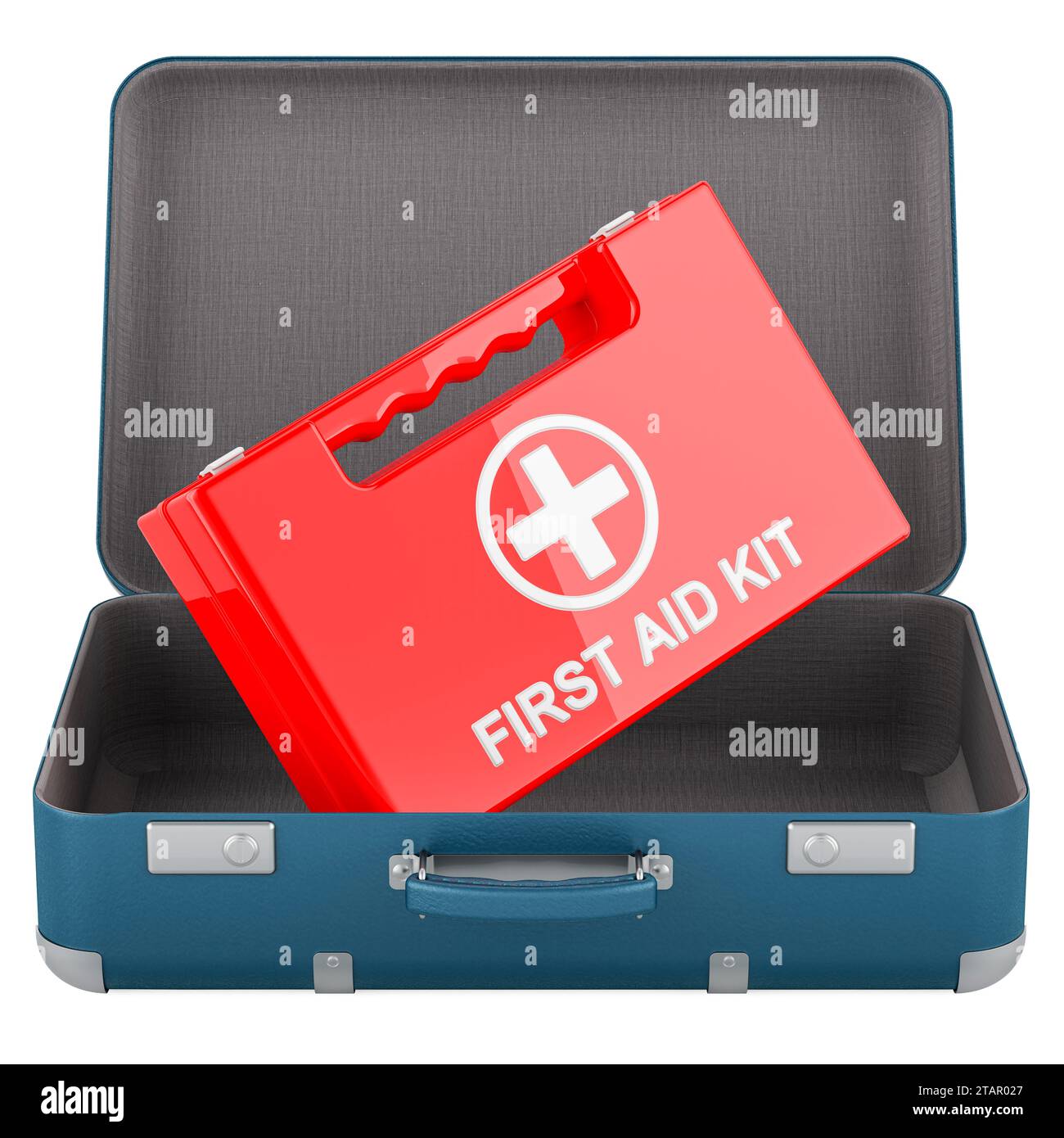 First aid kit inside suitcase. First Aid in travel, concept. 3D
