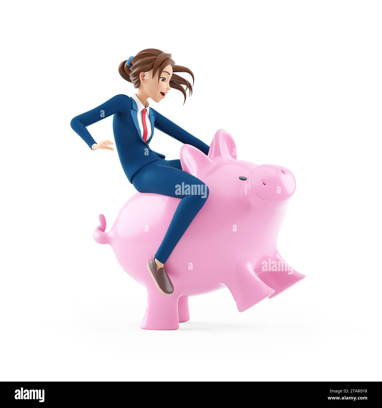 3d cartoon businesswoman riding piggy bank, illustration isolated on ...