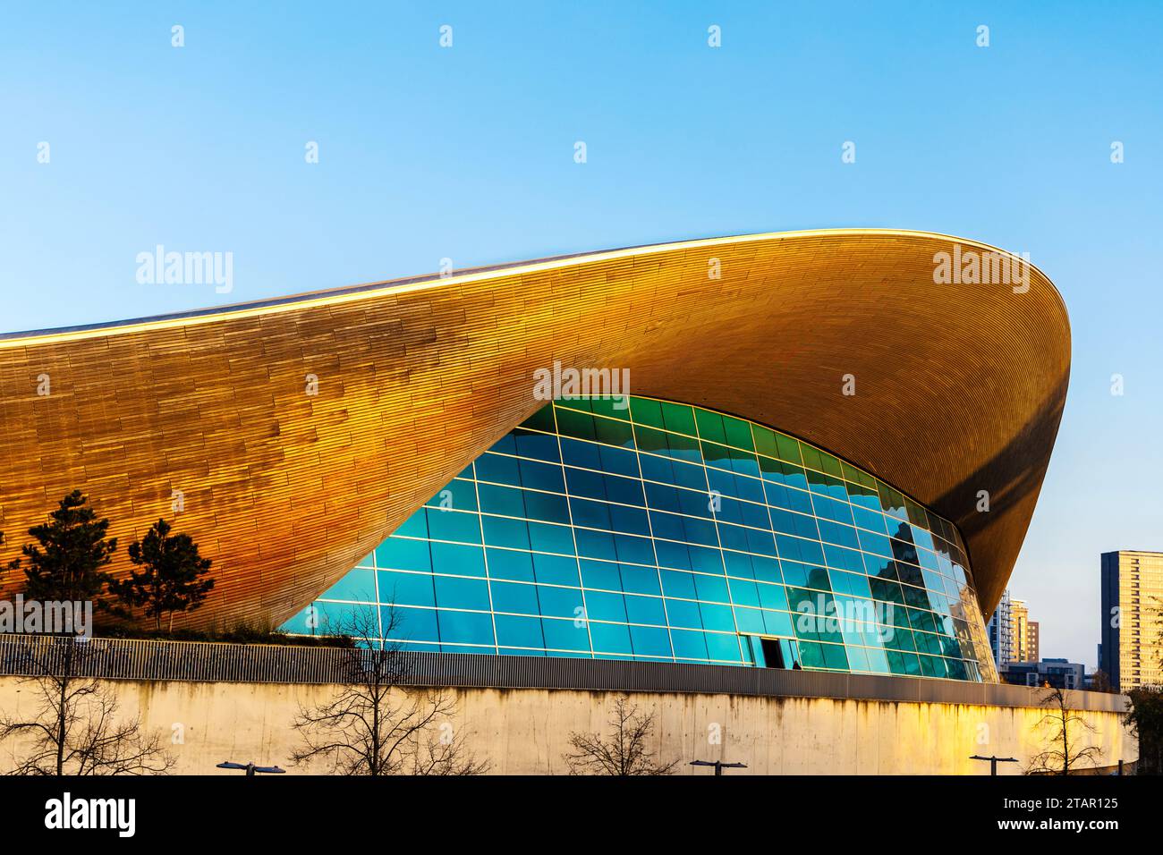 Exterior of London Aquatics Centre at sunset, Queen Elizabeth Olympic