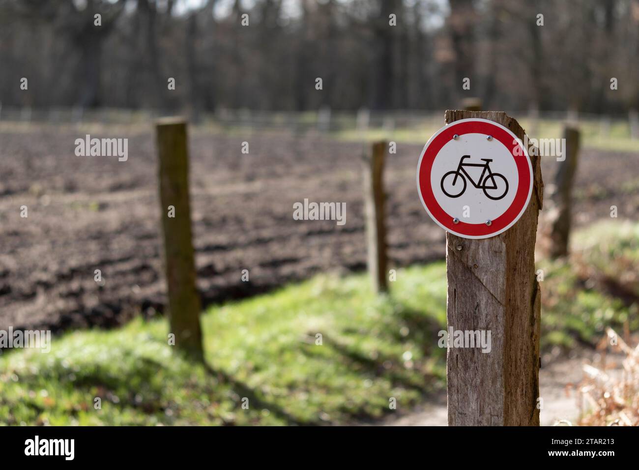 Warning sign no cycling on a country lane in the Duvenstedter Brook nature reserve, Wohldorf-Ohlstedt, Hamburg, Germany Stock Photo