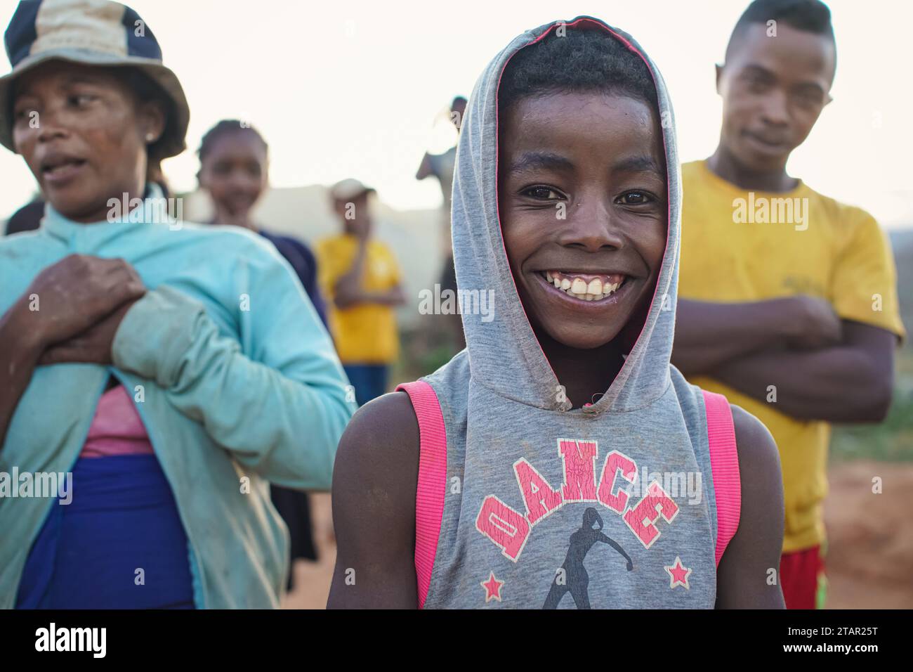 Alakamisy Ambohimaha, Madagascar - April 26, 2019: Unknown young Malagasy boy posing for camera - people of Madagascar are poor but cheerful, especial Stock Photo