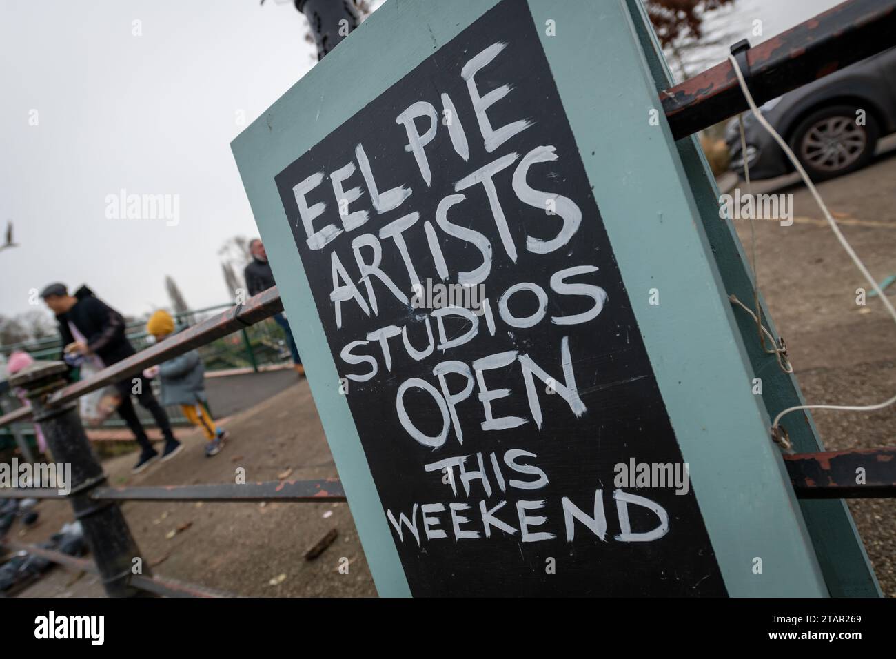 Twickenham, UK. Sat 2 Dec 2023. Eel Pie Island, on the River Thames in London, opens to the public twice each year. Sign by the bridge. Credit: Thomas Faull/Alamy Live News Stock Photo