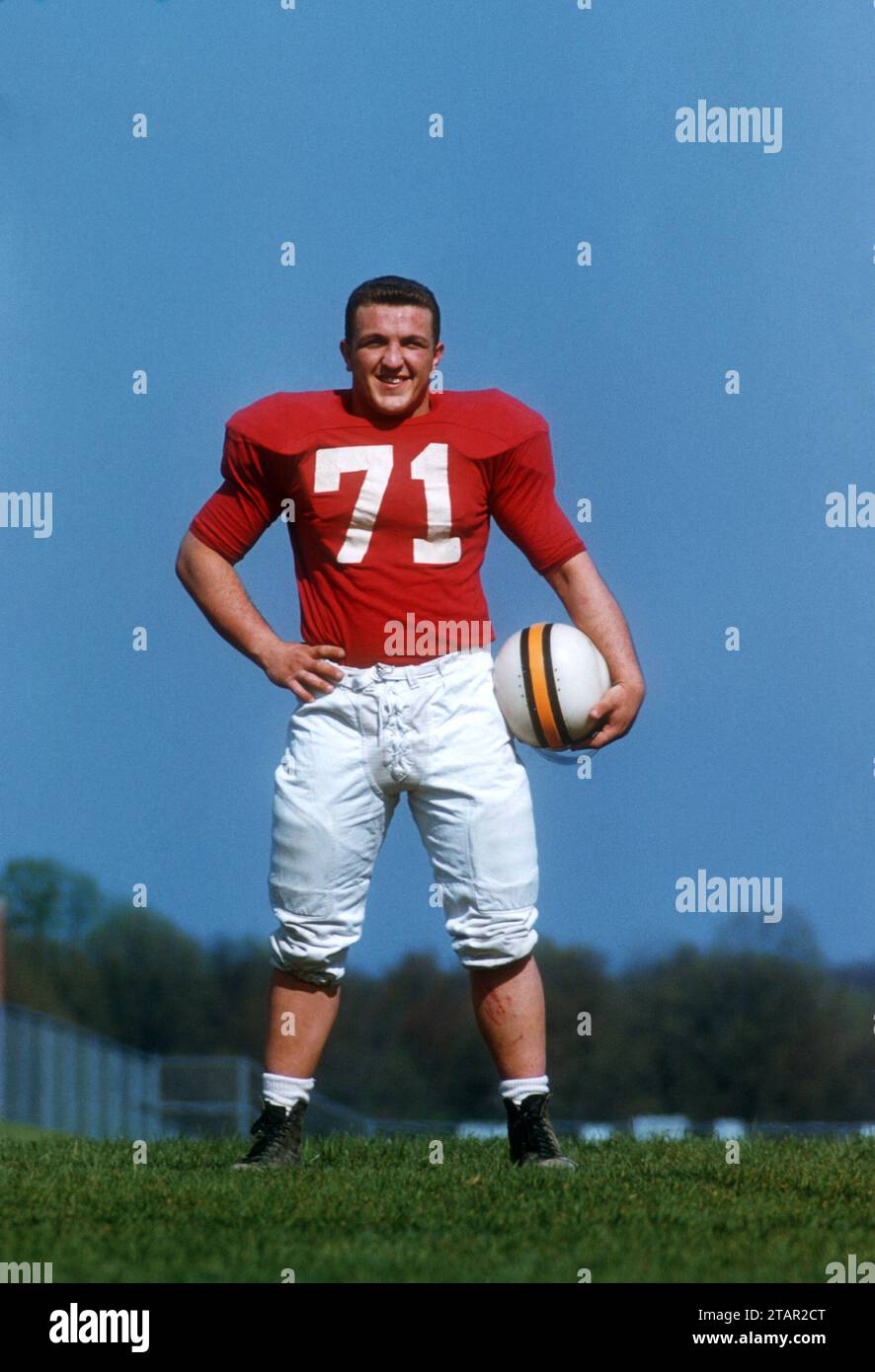 COLLEGE PARK, MD - APRIL 16: Tackle Mike Sandusky #71 of the Maryland Terrapins poses for a portrait during spring practice on April 16, 1955 in College Park, Maryland.  (Photo by Hy Peskin) *** Local Caption *** Mike Sandusky Stock Photo
