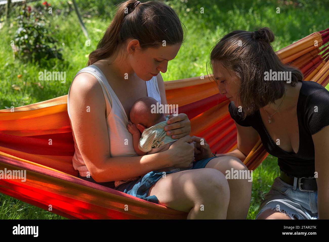 Young mother with baby in a hammock in the garden, sister on the right, Mecklenburg-Vorpommern, Germany Stock Photo