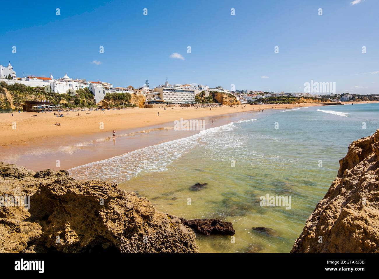 Awesome view of Albufeira Beach, panoramic view, blue sky, turistic and famous place called praia dos pescadores or fisherman beach in Albufeira Stock Photo