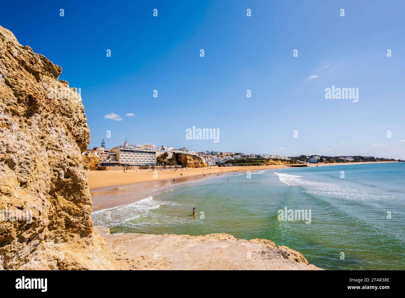 Awesome view of Albufeira Beach, panoramic view, blue sky, turistic and famous place called praia dos pescadores or fisherman beach in Albufeira Stock Photo