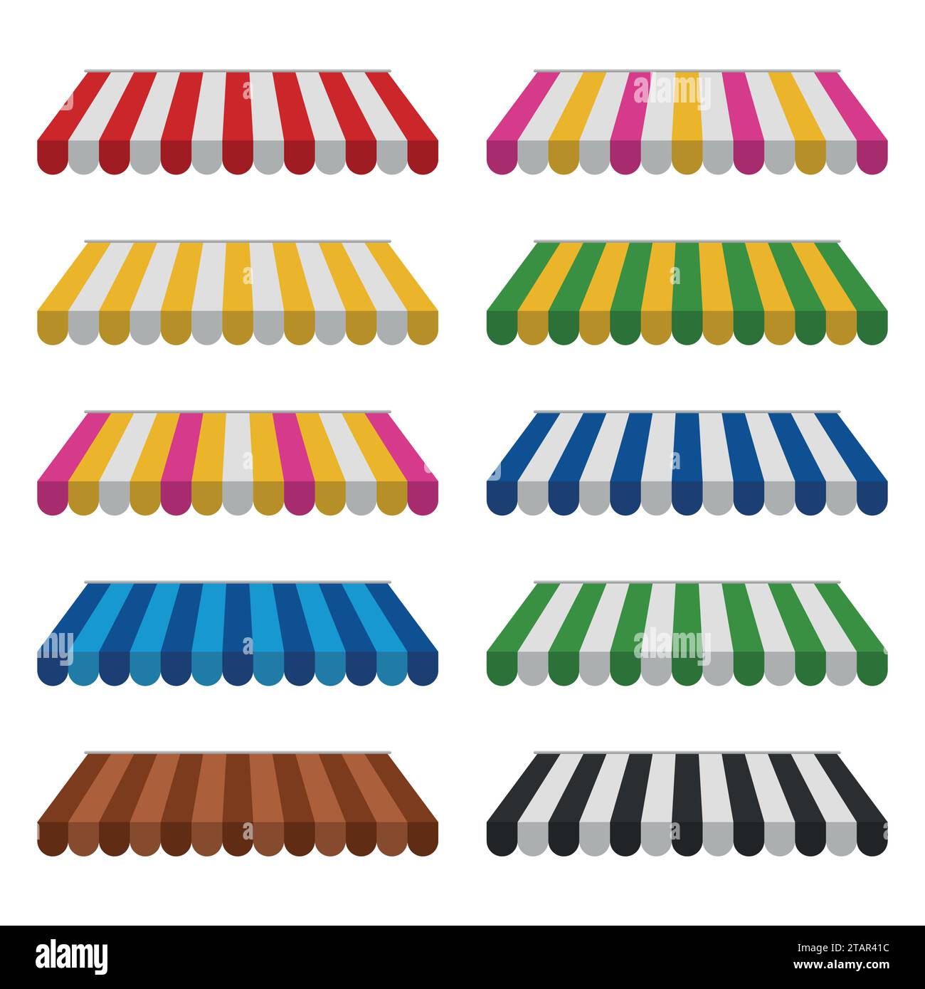 Awnings set isolated on white background. Striped colorful sunshade for shops, cafes and street restaurants. Outside canopy from the sun. Vector illus Stock Vector