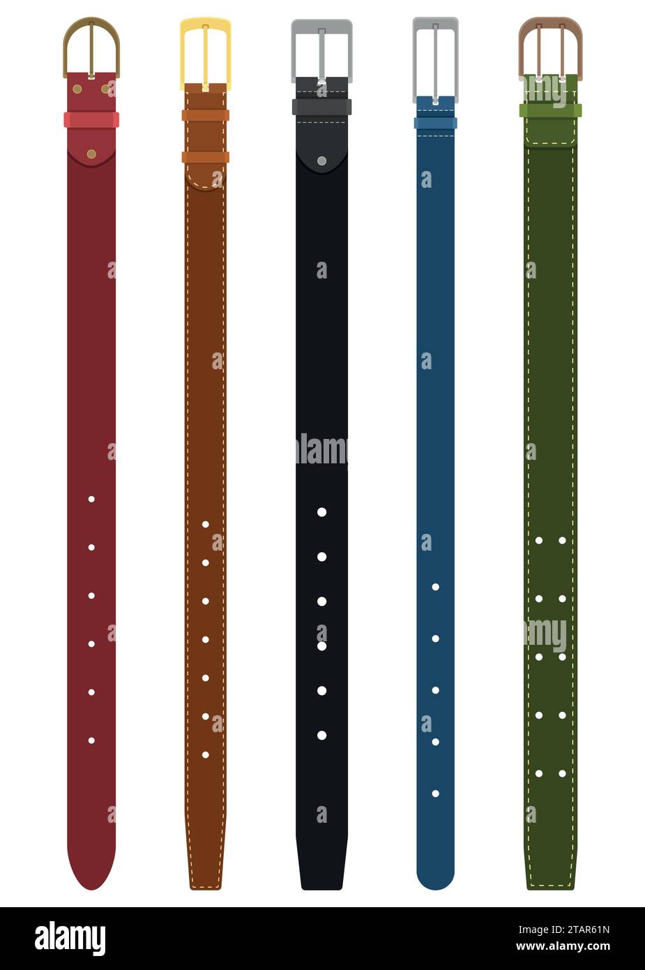 Set of different colored belts with buckles isolated on white