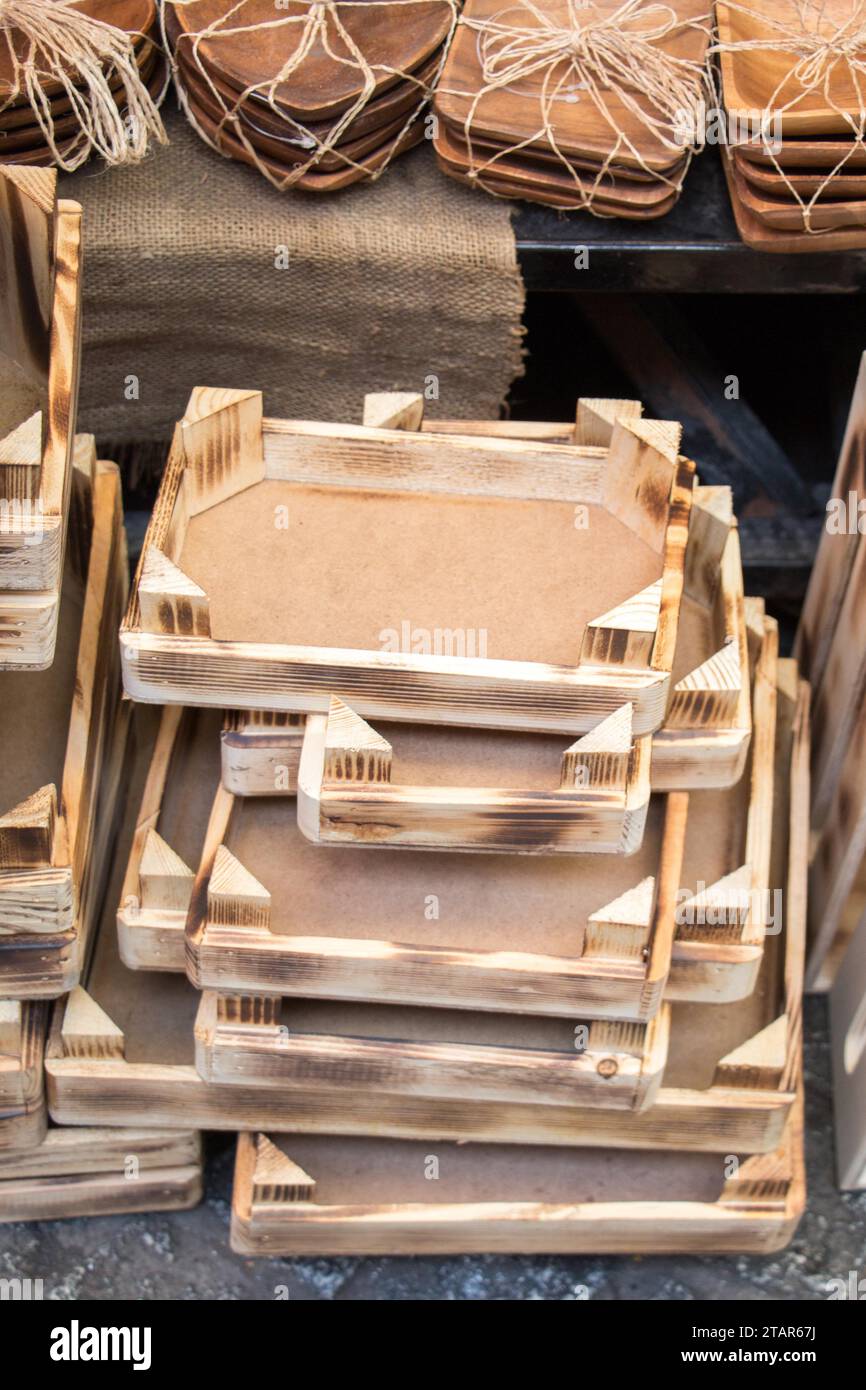 Wooden empty crate box for sale in a market Stock Photo - Alamy