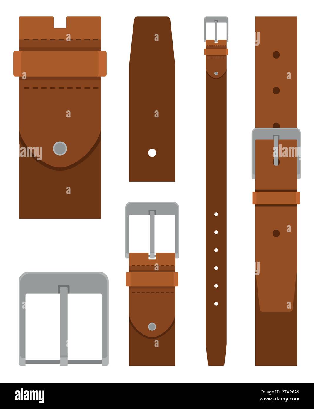 Brown leather belt with buckle isolated on white background. Element of