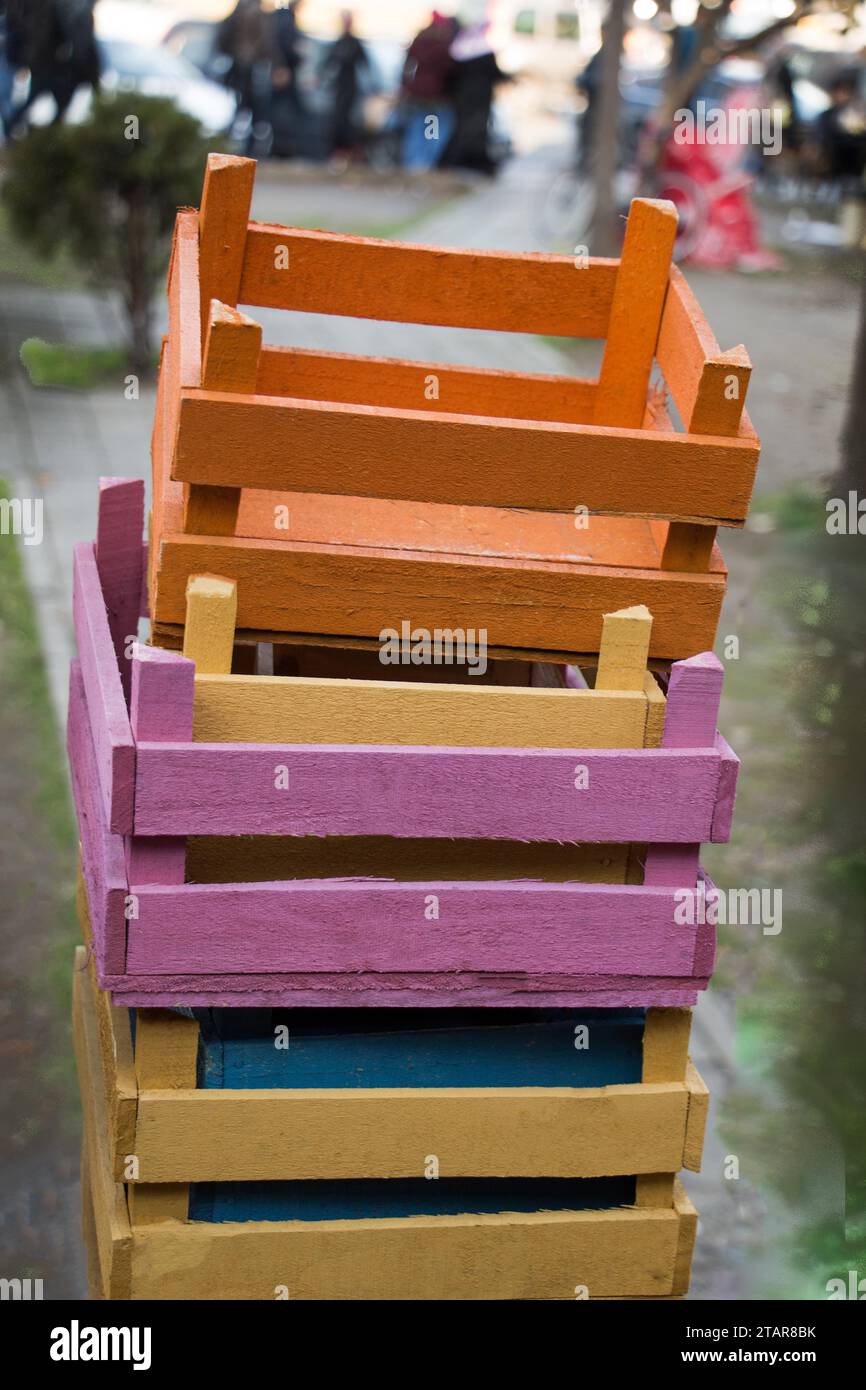 Colorful wooden empty crate boxes for sale in a market place Stock ...