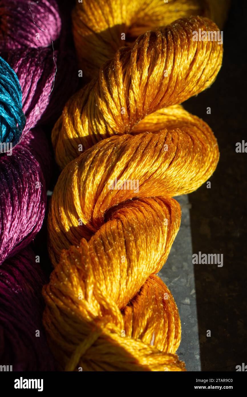 Colorful strands of silk thread close up texture background Stock Photo ...