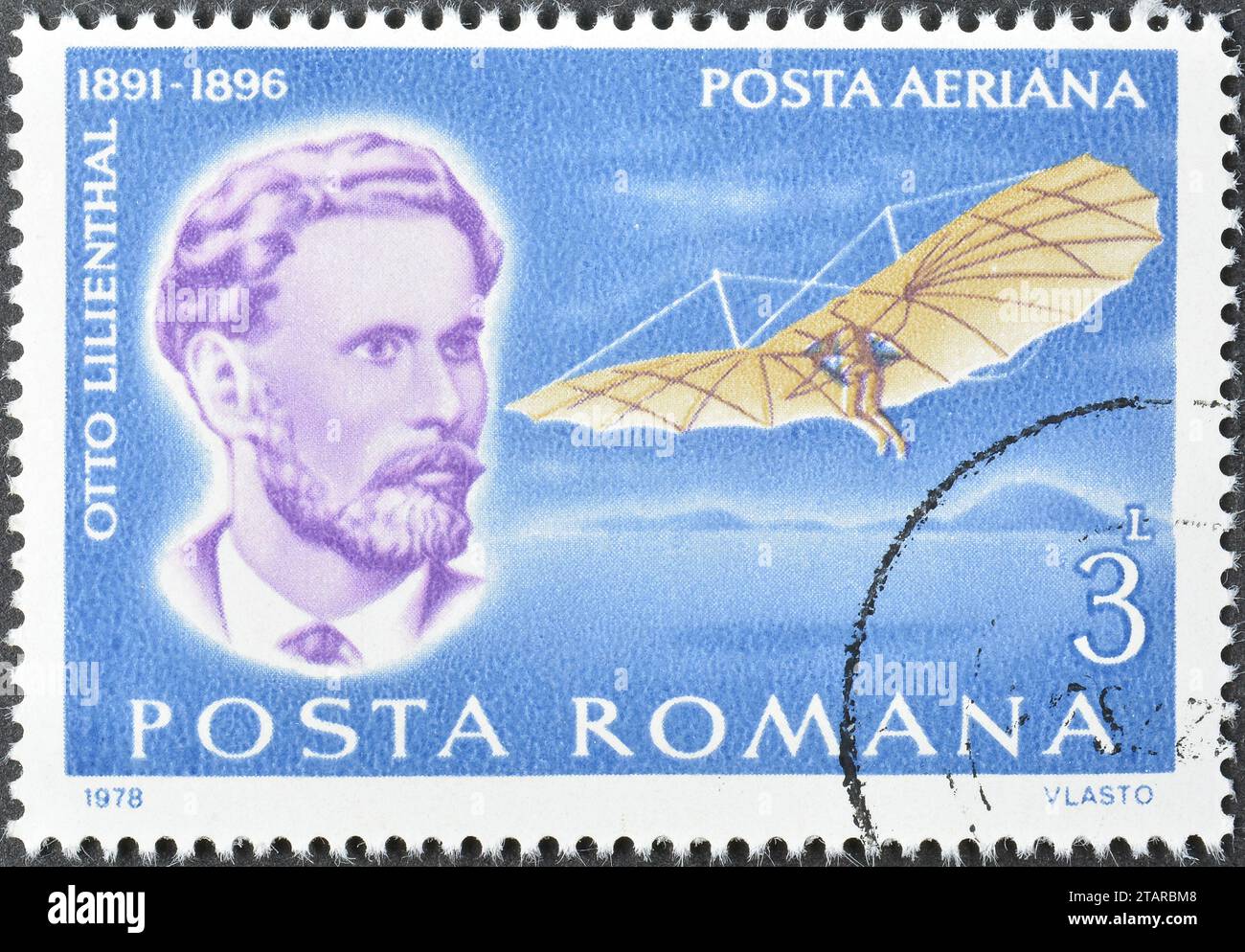 Cancelled postage stamp printed by Romania, that shows Otto Lilienthal (1891-1896), Pioneers of Aviation, circa 1978. Stock Photo