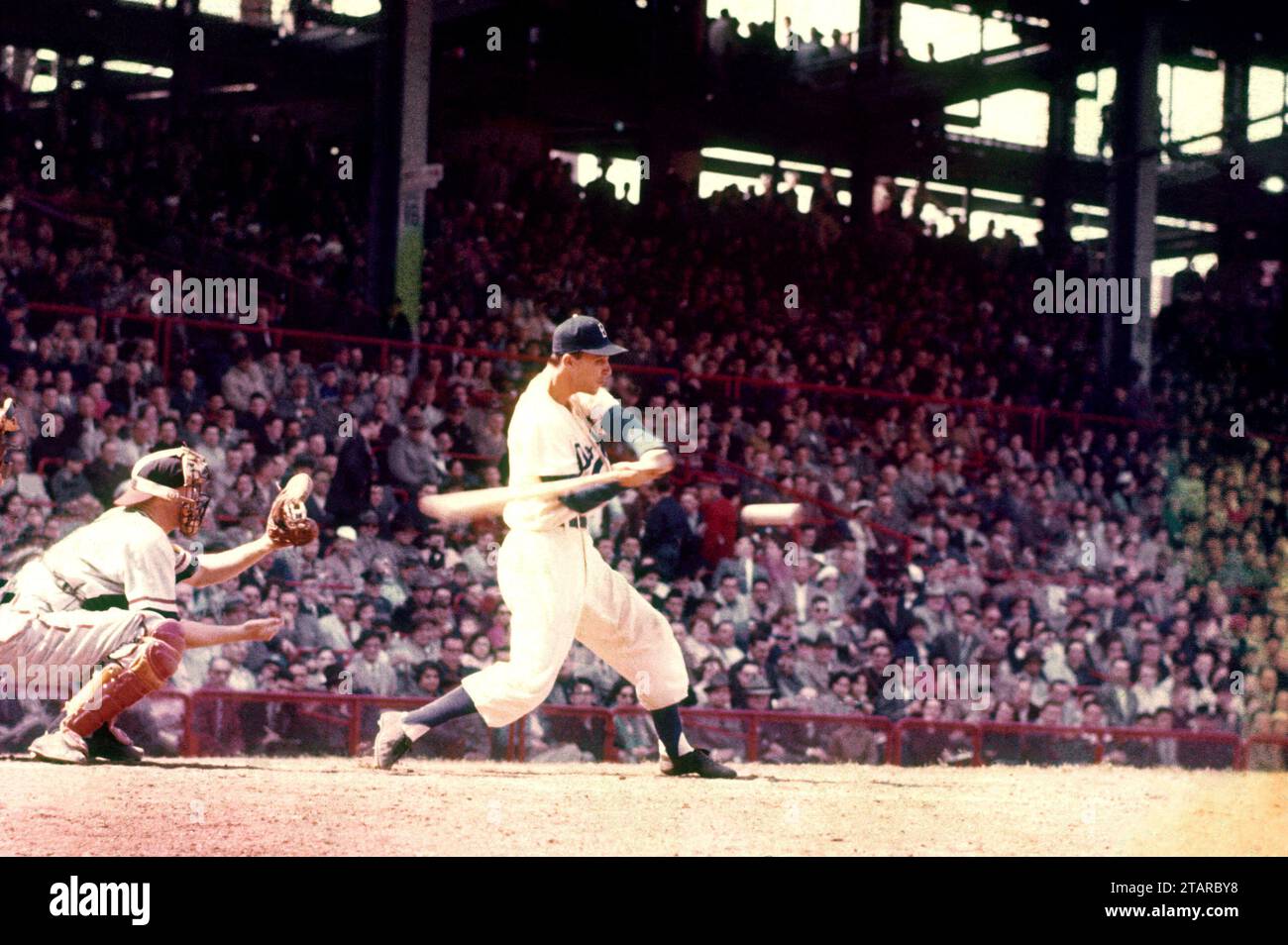 BROOKLYN, NY - 1954:  Carl Furillo #6 of the Brooklyn Dodgers swings at the pitch during an MLB game circa 1954 at Ebbets Field in Brooklyn, New York.  (Photo by Hy Peskin) *** Local Caption *** Carl Furillo Stock Photo