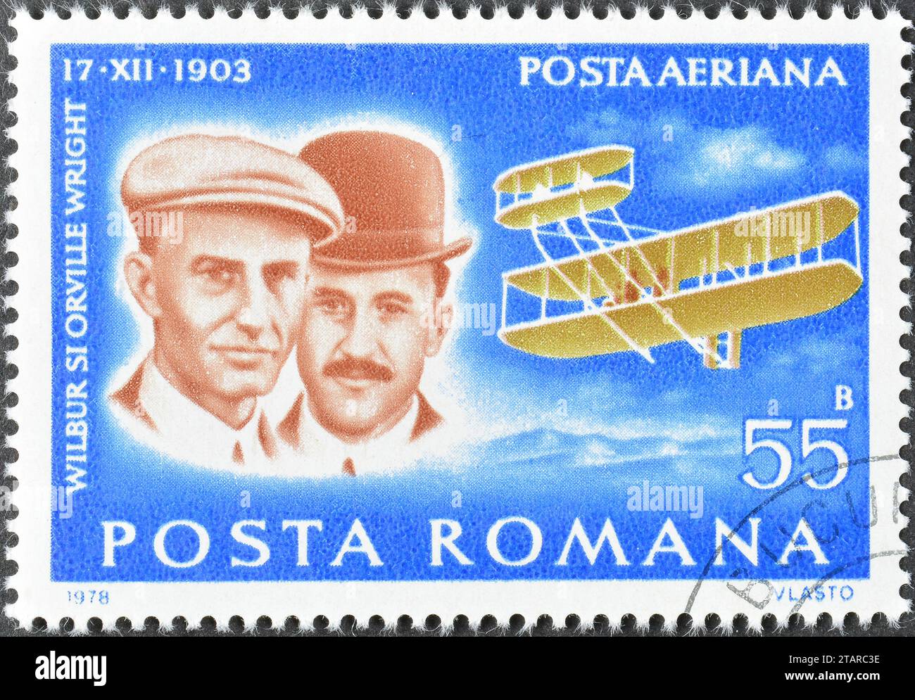 Cancelled postage stamp printed by Romania, that shows Wright Brothers - Flyer I (1903), Pioneers of Aviation, circa 1978. Stock Photo
