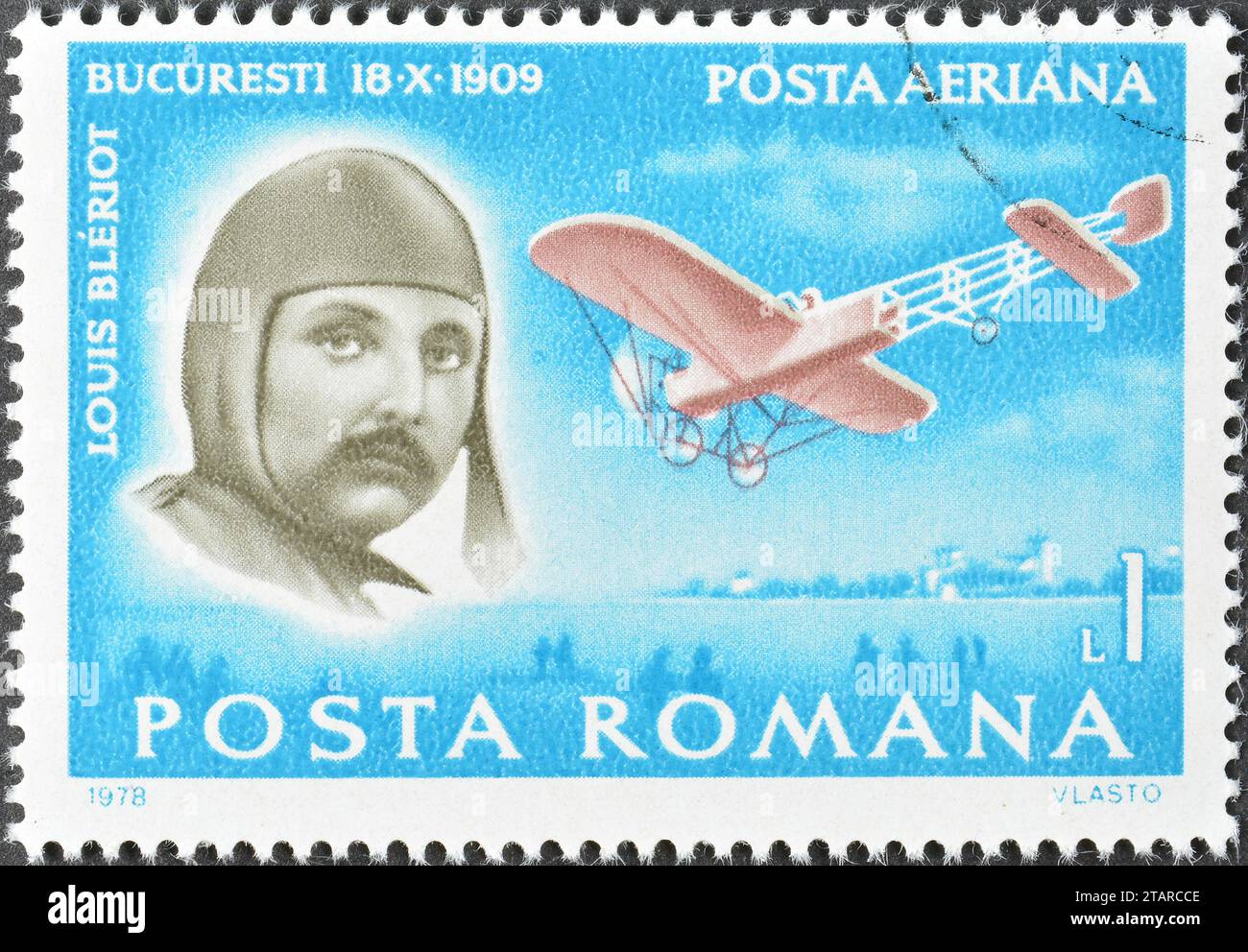Cancelled postage stamp printed by Romania, that shows Louis Blériot (1909), Pioneers of Aviation, circa 1978. Stock Photo
