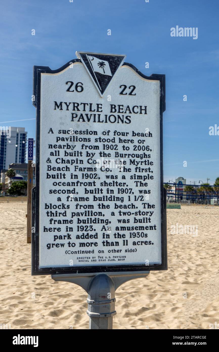 Myrtle Beach Pavilions Historic Plaque Outlining The History Of The Myrtle Beach Pavilions, Myrtle Beach South Carolina, United States Stock Photo
