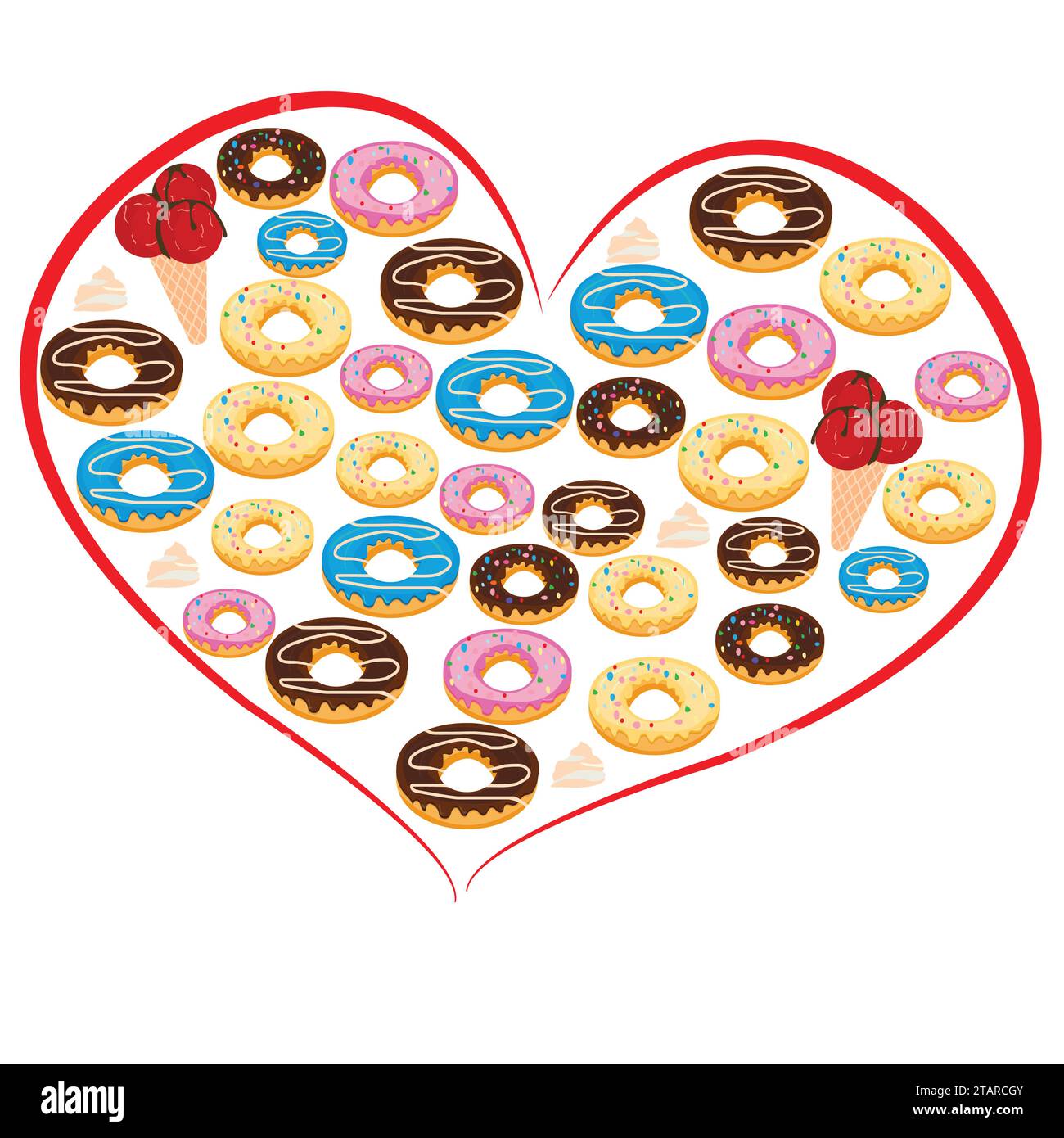 Doughnuts and icecream arranged in red heart shape; chocolate flavor; vanilla, blueberry flavours Stock Vector