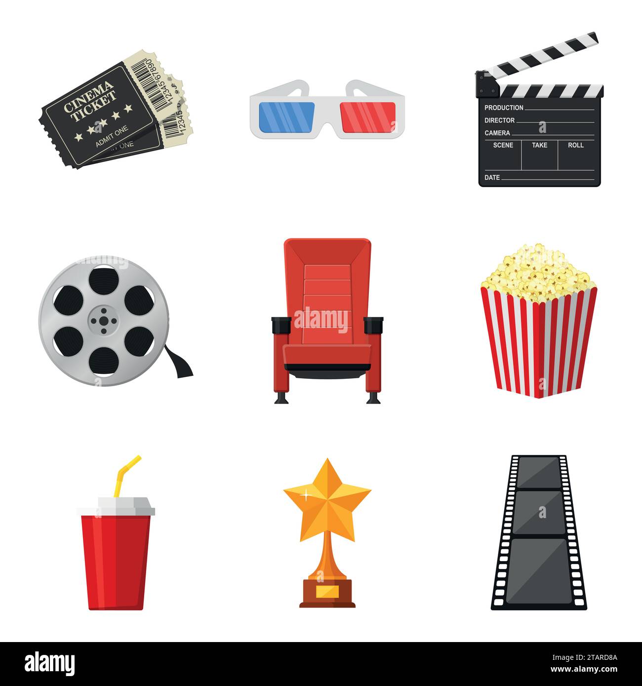 Cinema icons set in flat style on white background. To rent and watch movie in the cinema decorative elements. Accessories cinemas. Movie and film Stock Vector