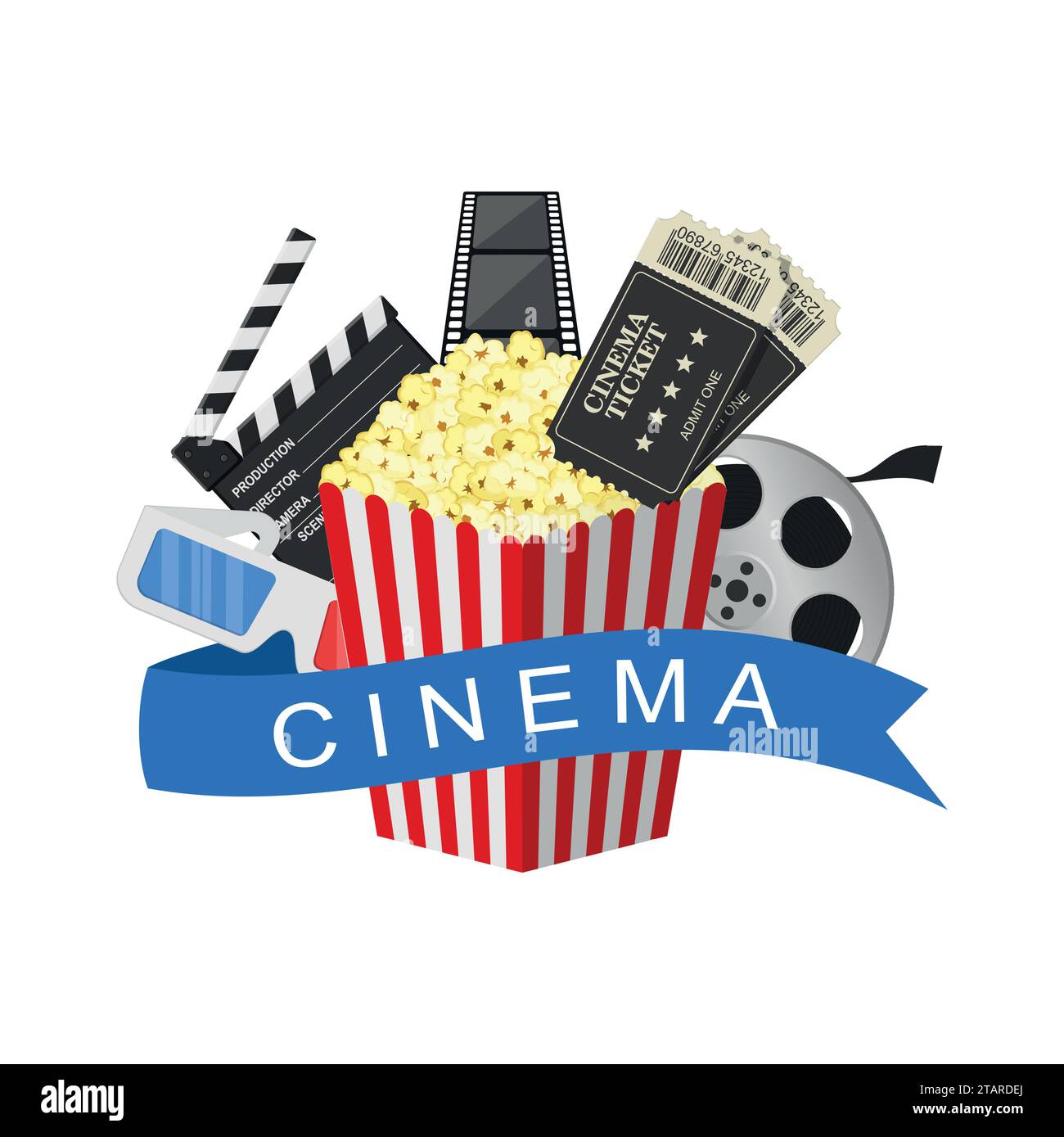 Cinema art movie watching. Cinema industry symbols icons isolated on white background. Vector Illustration Stock Vector