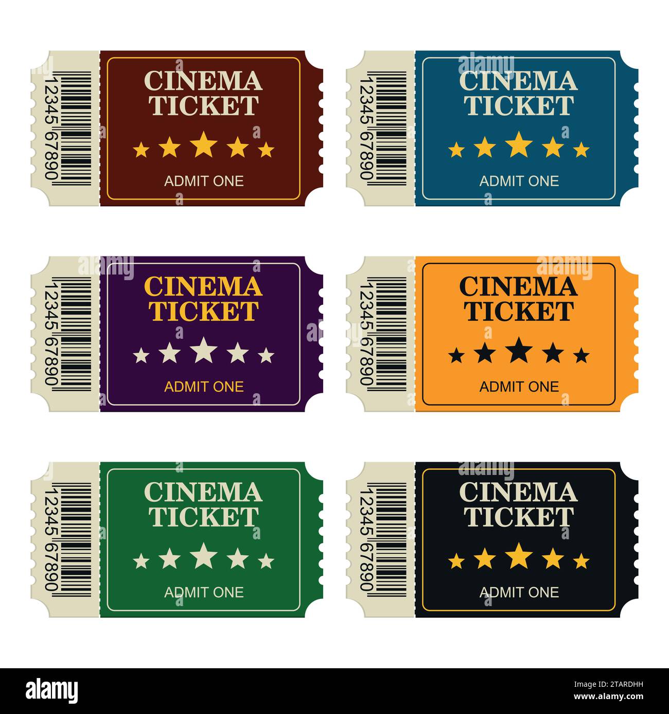 Set designed cinema tickets top view isolated on white background. Colorful tickets for movie and film vector illustration Stock Vector