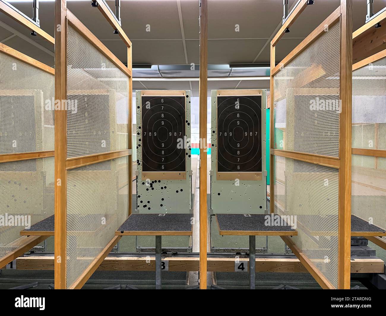 Modern Shooting Range with Target in an Illuminated Underground Tunnel in Switzerland Stock Photo
